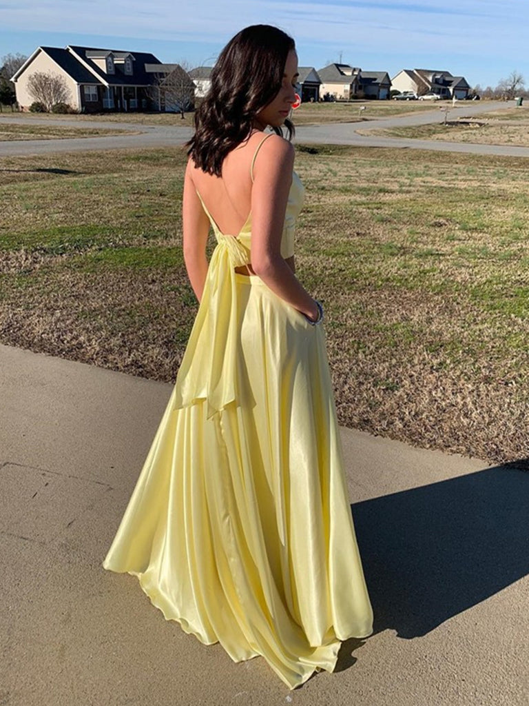 A Line V Neck Two Pieces Backless Royal Blue/Yellow Prom Dresses with Shiny Party A Line V Neck Two Pieces Backless Royal Blue/Yellow Prom Dresses with Shiny Party