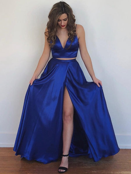 A Line V Neck Two Pieces Backless Royal Blue/Yellow Prom Dresses with High Slit, Two Pieces Royal Blue Formal Dresses, Backless Evening Dresses