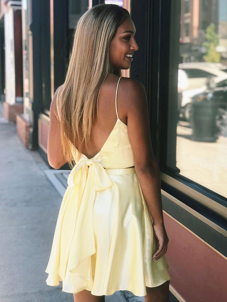 A Line V Neck Two Pieces Backless Yellow Short Prom Dresses Homecoming Shiny Party A Line V Neck Two Pieces Backless Yellow Short Prom Dresses Homecoming Shiny Party