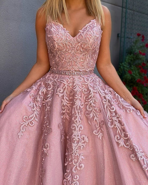 A Line V Neck Two Pieces Lace Appliques Pink Prom Dresses with Belt, 2 Pieces Pink Lace Formal Dresses, Lace Pink Evening Dresses