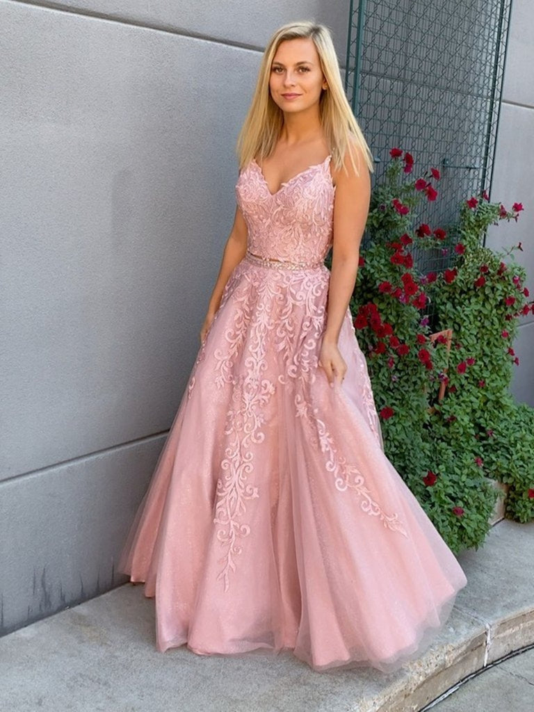 A Line V Neck Two Pieces Lace Appliques Pink Prom Dresses with Belt, 2 Pieces Pink Lace Formal Dresses, Lace Pink Evening Dresses