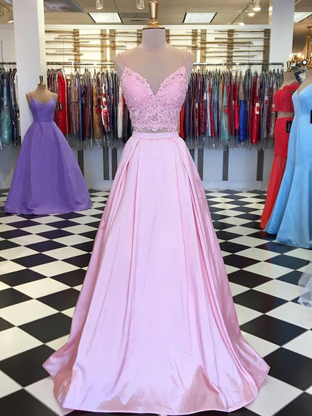 A Line V Neck Two Pieces Lace Top Pink Satin Long Prom Dresses, Pink Two Pieces Lace Formal Graduation Evening Dresses