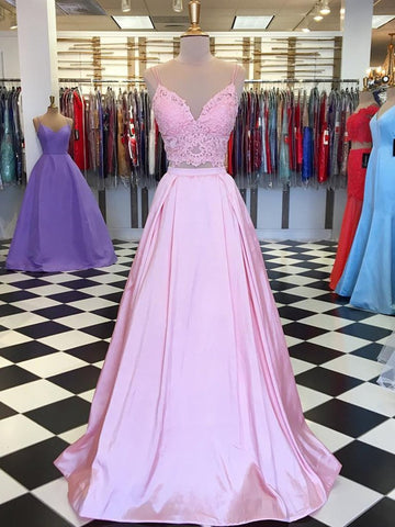 A Line V Neck Two Pieces Lace Top Pink Satin Long Prom Dresses, Pink Two Pieces Lace Formal Graduation Evening Dresses