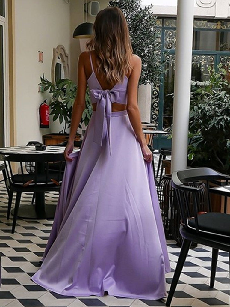 A Line V Neck Two Pieces Lilac Long Prom Dresses with High Slit, Laven Shiny Party A Line V Neck Two Pieces Lilac Long Prom Dresses with High Slit, Laven Shiny Party