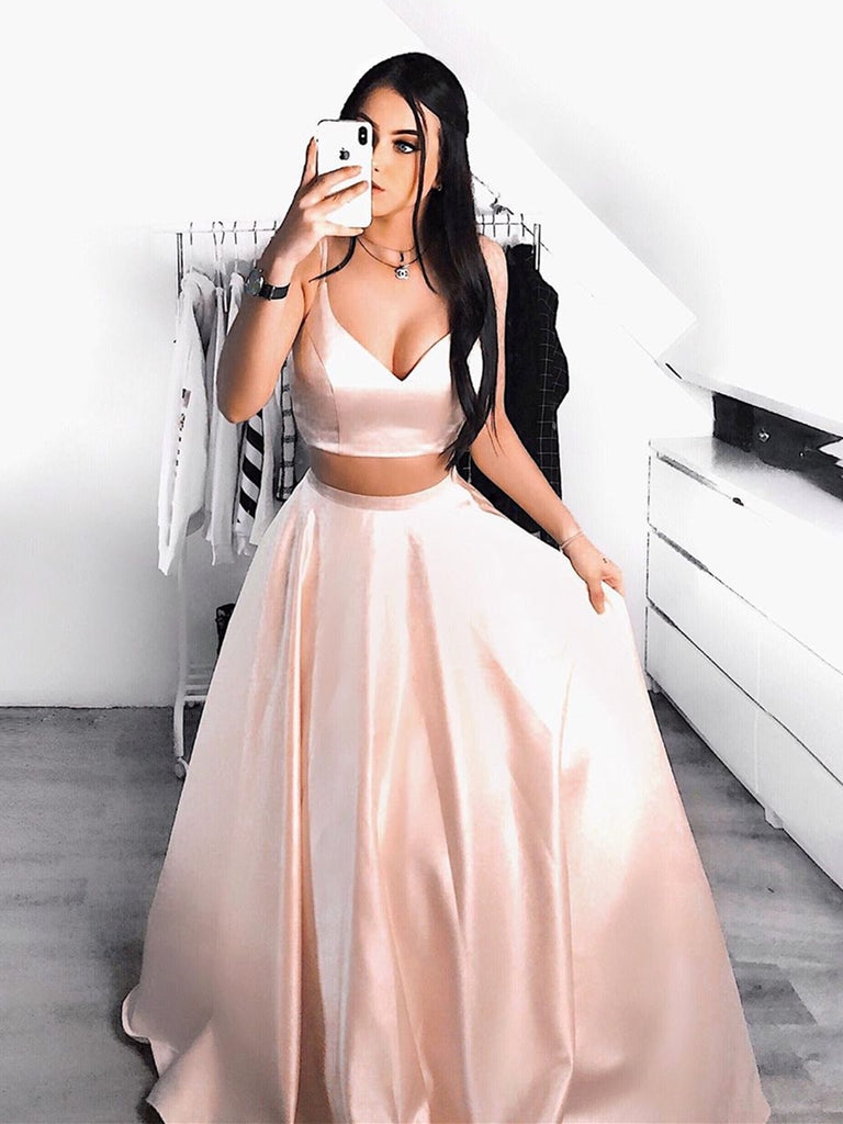 A Line V Neck Two Pieces Pink Satin Long Prom Dresses, Two Pieces Pink Formal Dresses, Pink Evening Dresses Party Dresses