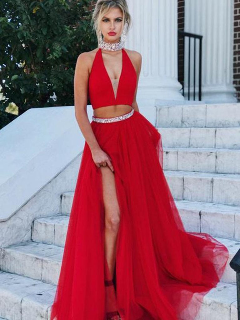A Line V Neck Two Pieces Tulle Red Long Prom Dresses, Red Formal Dresses, Red Evening Dresses