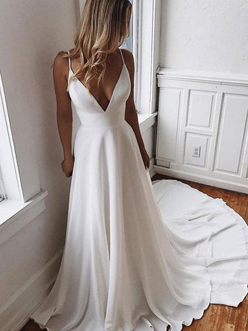 A Line V Neck White Wedding Dresses with Sweep Train, White V Neck Long Prom Dresses, White Formal Dresses Evening Dresses