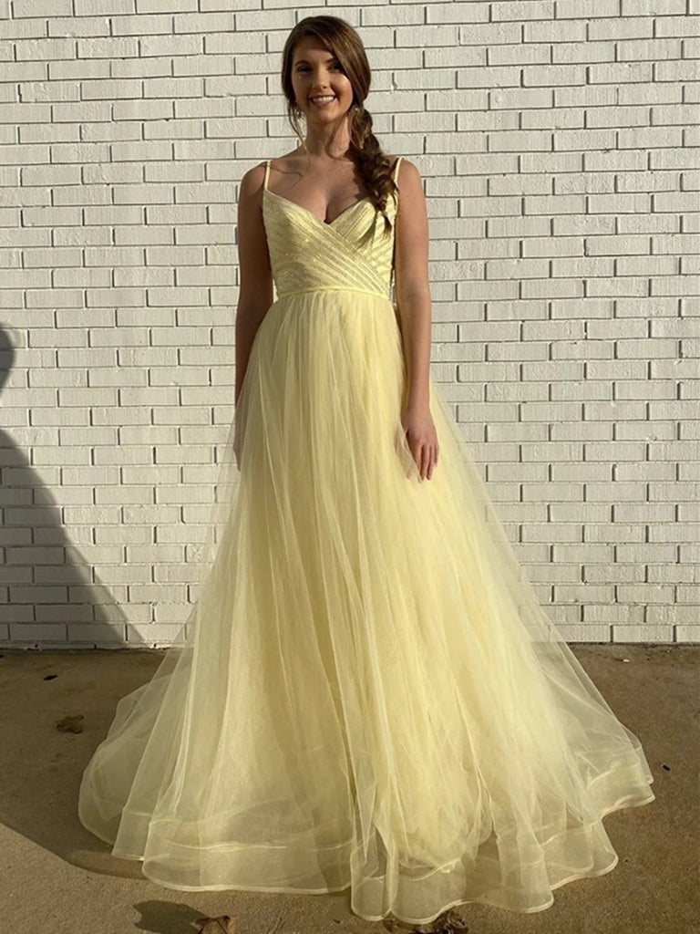 A Line V Neck Yellow Tulle Long Prom Dresses, V Neck Yellow Formal Graduation Evening Dresses