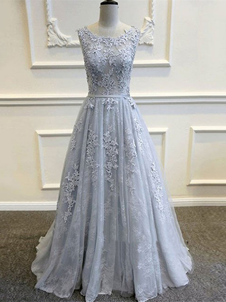 Appliques Vintage Round Neck Sleeveless Lace Prom Dresses, Lace Brides Shiny Party Appliques Vintage Round Neck Sleeveless Lace Prom Dresses, Lace Brides Shiny Party