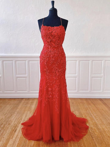 Backless Mermaid Long Red Lace Prom Dresses, Mermaid Red Lace Formal Dresses, Red Lace Evening Dresses