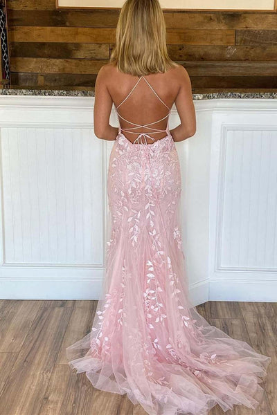 Backless Mermaid Pink Lace Long Prom Dresses, Mermaid Pink Formal Dresses, Pink Lace Evening Dresses SP2303