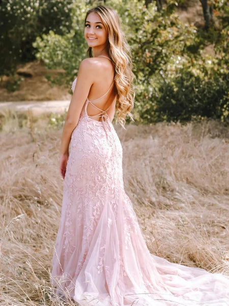 Backless Mermaid Pink Lace Long Prom Dresses, Mermaid Pink Formal Dresses, Pink Lace Evening Dresses SP2654