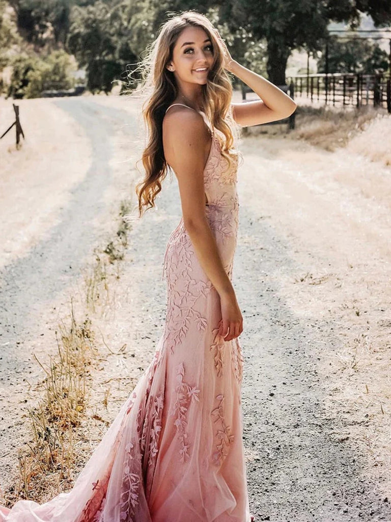 Backless Mermaid Pink Lace Long Prom Dresses, Mermaid Pink Formal Dres Shiny Party Backless Mermaid Pink Lace Long Prom Dresses, Mermaid Pink Formal Dres Shiny Party