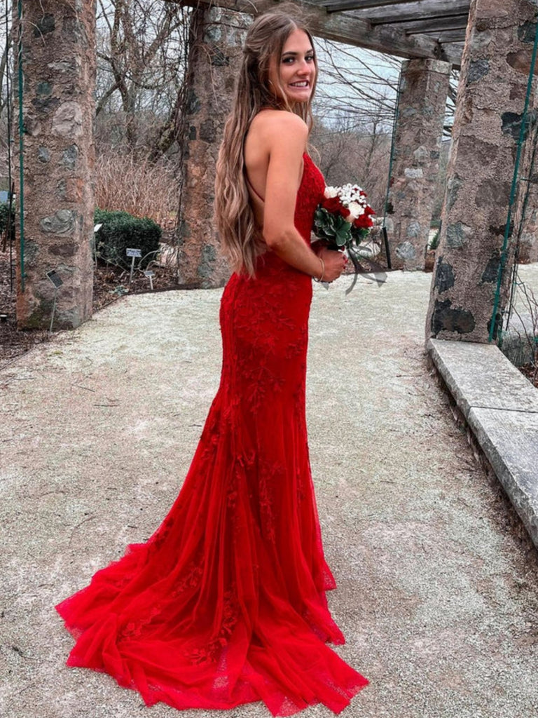 Backless Mermaid Red Lace Long Prom Dresses, Mermaid Red Formal Evenin Shiny Party Backless Mermaid Red Lace Long Prom Dresses, Mermaid Red Formal Evenin Shiny Party