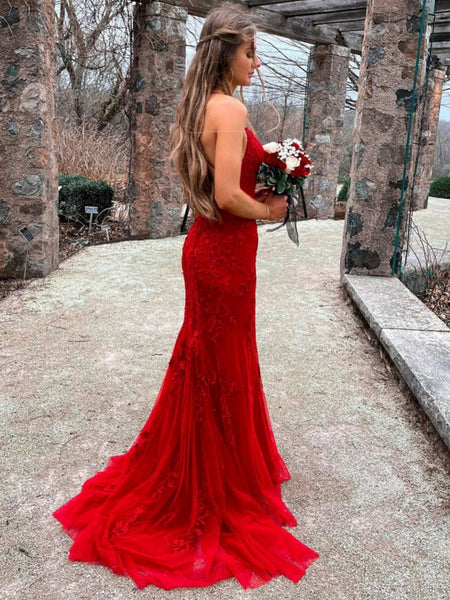 Backless Mermaid Red Lace Long Prom Dresses, Mermaid Red Formal Evening Dresses, Red Lace Bridesmaid Dresses SP2618