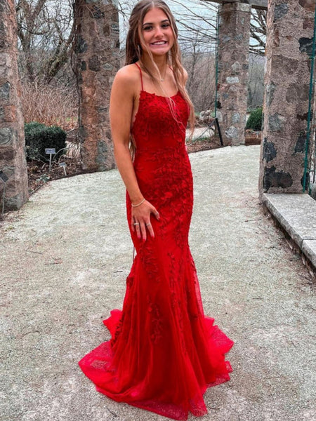 Backless Mermaid Red Lace Long Prom Dresses, Mermaid Red Formal Evening Dresses, Red Lace Bridesmaid Dresses SP2618