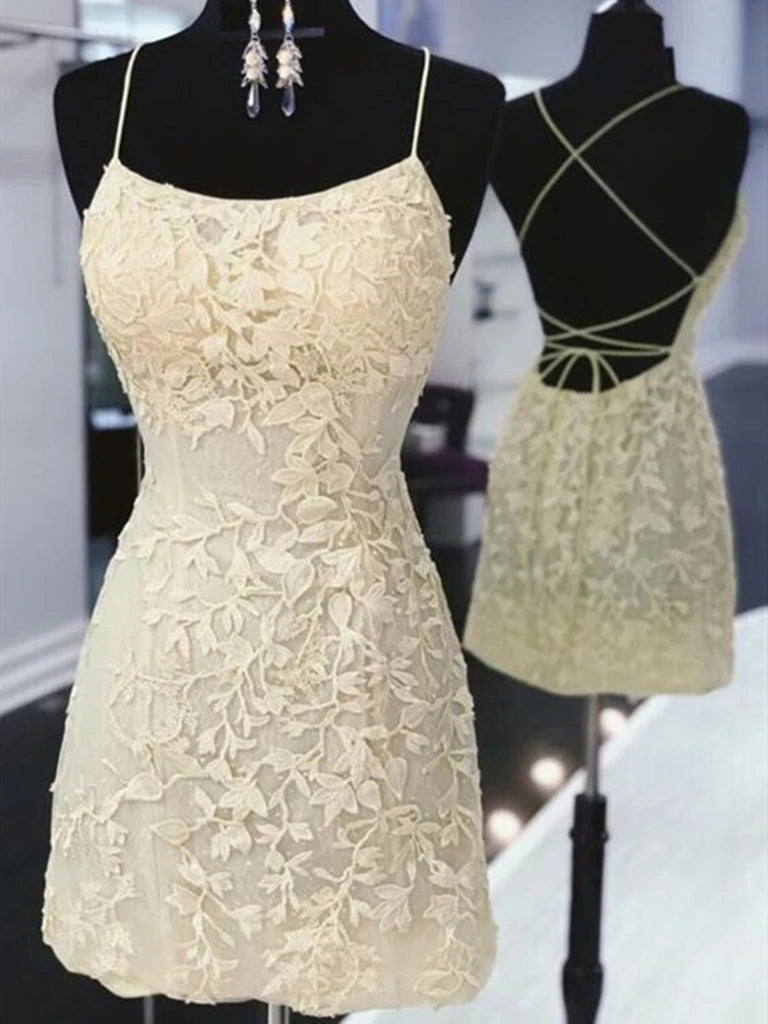 Backless Mermaid Short Yellow Lace Prom Dresses, Mermaid Yellow Lace Formal Graduation Homecoming Dresses