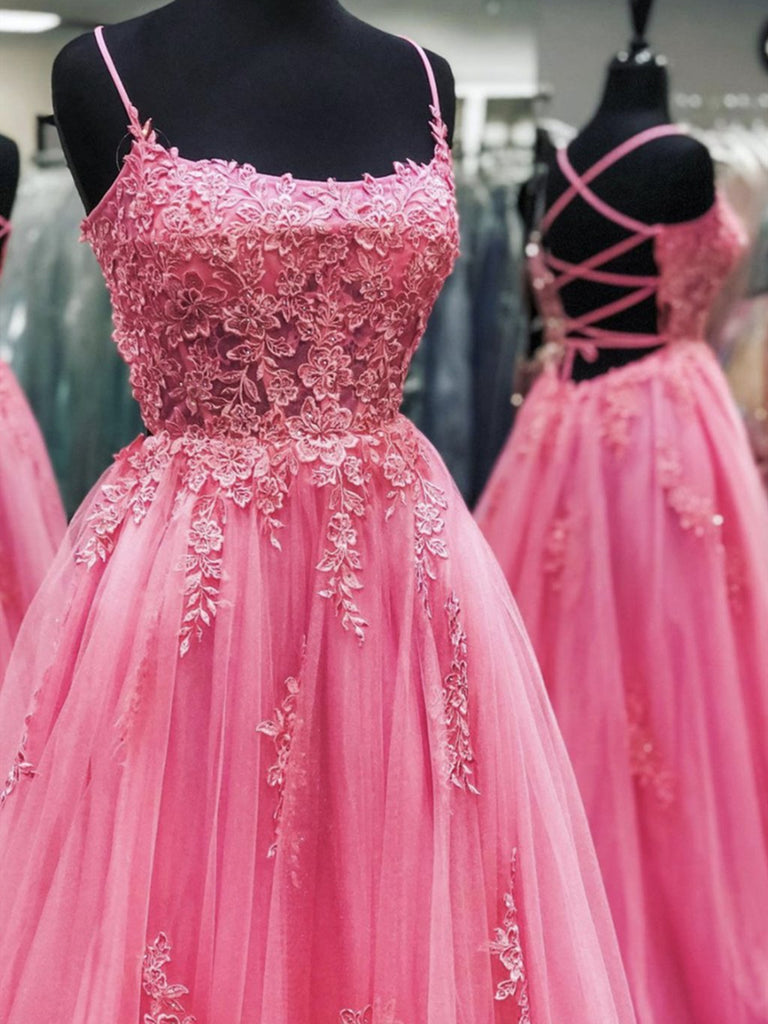 Backless Pink Tulle Lace Floral Long Prom Dresses, Pink Lace Formal Graduation Evening Dresses