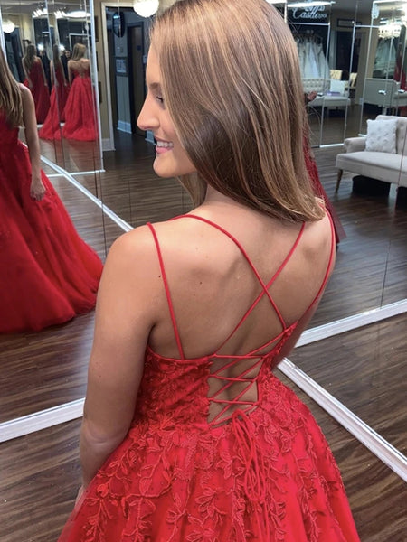 Backless Red Lace Long Prom Dresses, Red Lace Formal Dresses, Red Evening Dresses, Ball Gown