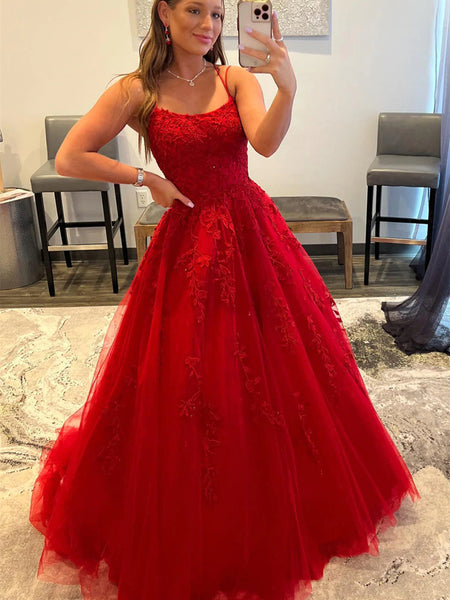 Backless Red Tulle Lace Long Prom Dresses, Red Lace Formal Evening Dresses, Red Ball Gown SP2399