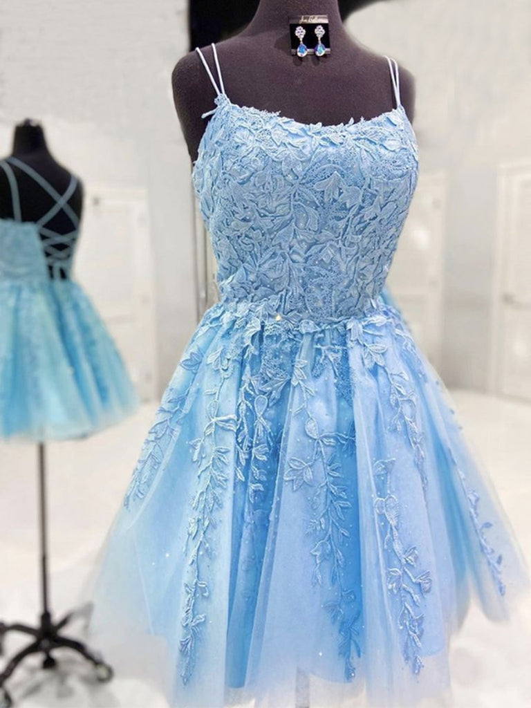 Backless Short Light Blue Lace Prom Dresses, Light Blue Lace Formal Graduation Dresses, Lace Homecoming Dresses