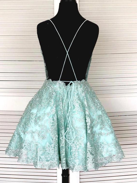Backless Short Mint Green Lace Prom Dresses with Straps, Mint Green Lace Formal Graduation Homecoming Dresses