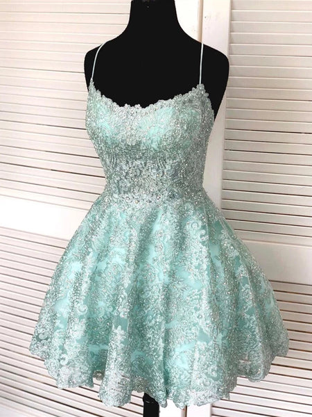 Backless Short Mint Green Lace Prom Dresses with Straps, Mint Green Lace Formal Graduation Homecoming Dresses