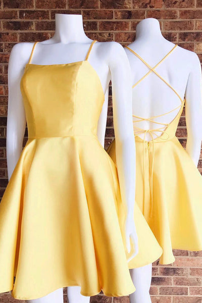 Backless Short Yellow Prom Dresses, Backless Yellow Formal Graduation Homecoming Dresses