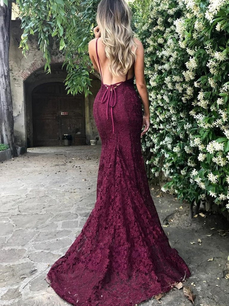 Backless Spaghetti Straps Trumpet/Mermaid Maroon/Burgundy Lace Prom Dr Shiny Party Backless Spaghetti Straps Trumpet/Mermaid Maroon/Burgundy Lace Prom Dr Shiny Party