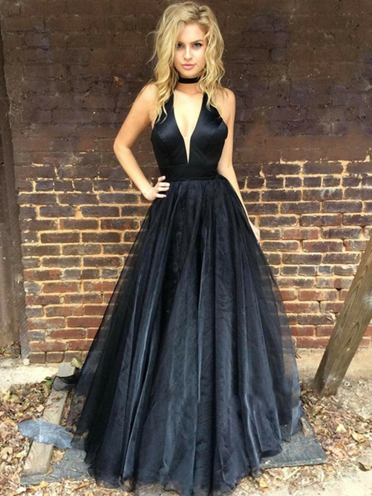 Black A Line Deep V Neck Prom Dress with Train, Black V Neck Graduatio Shiny Party Black A Line Deep V Neck Prom Dress with Train, Black V Neck Graduatio Shiny Party