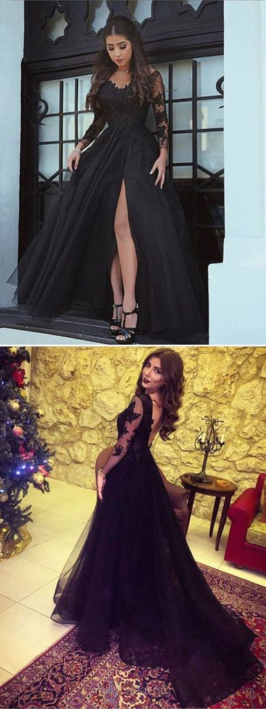 Black A Line Long Sleeves Lace Prom Dress, Black Lace Formal Dress, Ev Shiny Party Black A Line Long Sleeves Lace Prom Dress, Black Lace Formal Dress, Ev Shiny Party