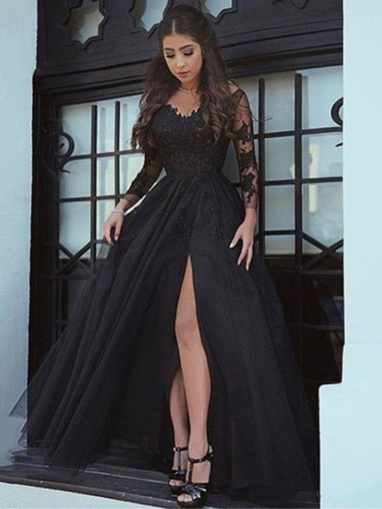 Black A Line Long Sleeves Lace Prom Dress, Black Lace Formal Dress, Evening Dress Black A Line Long Sleeves Lace Prom Dress, Black Lace Formal Dress, Evening Dress