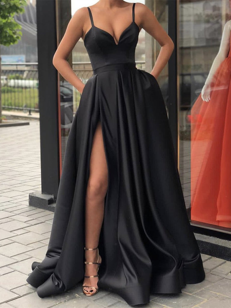 Black A Line Spaghetti Straps Prom Dresses, Long Black Prom Dresses, B Shiny Party Black A Line Spaghetti Straps Prom Dresses, Long Black Prom Dresses, B Shiny Party