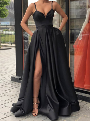 Black A Line Spaghetti Straps Prom Dresses, Long Black Prom Dresses, Black Evening Dresses