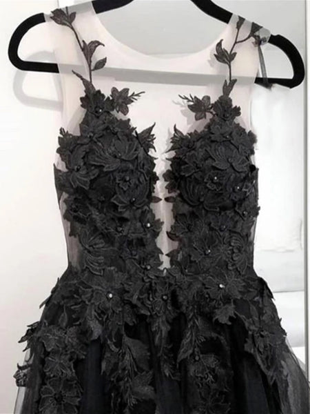 Black Tulle Lace Appliques Long Prom Dresses, Black Lace Formal Dresses, Black Evening Dresses
