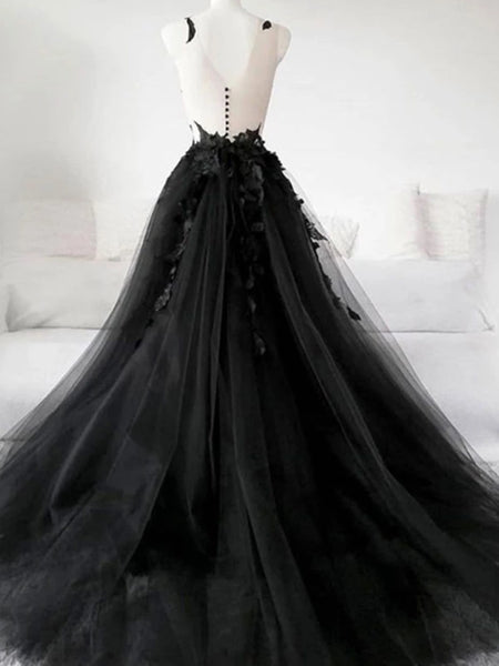Black Tulle Lace Appliques Long Prom Dresses, Black Lace Formal Dresses, Black Evening Dresses