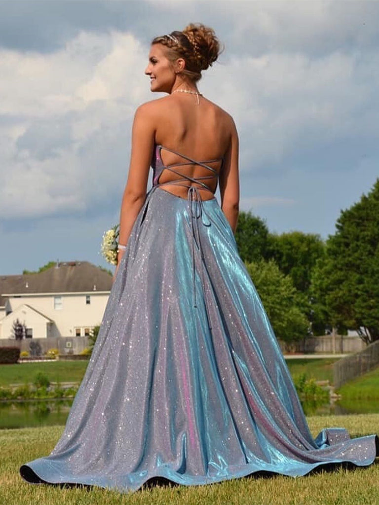 Bling Bling Backless Purple Long Prom Dresses with High Slit, Backless Shiny Party Bling Bling Backless Purple Long Prom Dresses with High Slit, Backless Shiny Party
