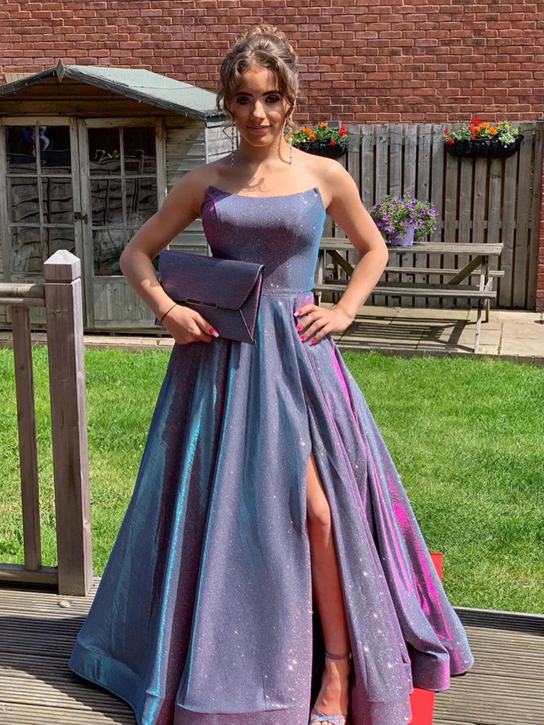 Bling Bling Backless Purple Long Prom Dresses with High Slit, Backless Shiny Party Bling Bling Backless Purple Long Prom Dresses with High Slit, Backless Shiny Party