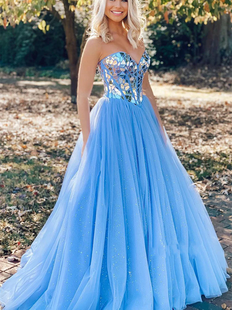 Bling Bling Strapless Sequins Blue Tulle Long Prom Dresses, Blue Tulle Formal Graduation Evening Dresses SP2350 Bling Bling Strapless Sequins Blue Tulle Long Prom Dresses, Blue Tulle Formal Graduation Evening Dresses SP2350