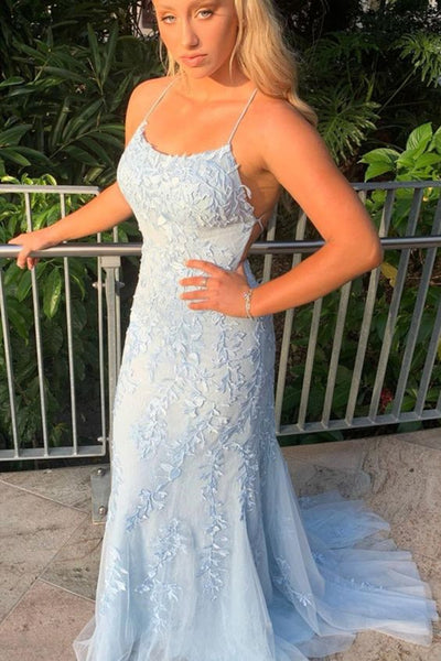 Blue Mermaid Backless Lace Long Prom Dresses, Mermaid Blue Lace Formal Dresses, Evening Dresses
