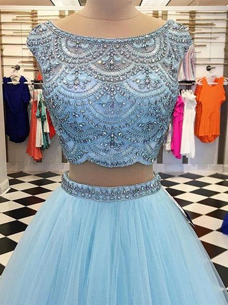 Blue A Line Round Neck Two Pieces Beading Tulle Long Prom Dresses, Two Pieces Blue Formal Dresses, Blue Evening Dresses