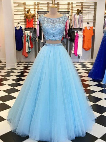 Blue A Line Round Neck Two Pieces Beading Tulle Long Prom Dresses, Two Pieces Blue Formal Dresses, Blue Evening Dresses