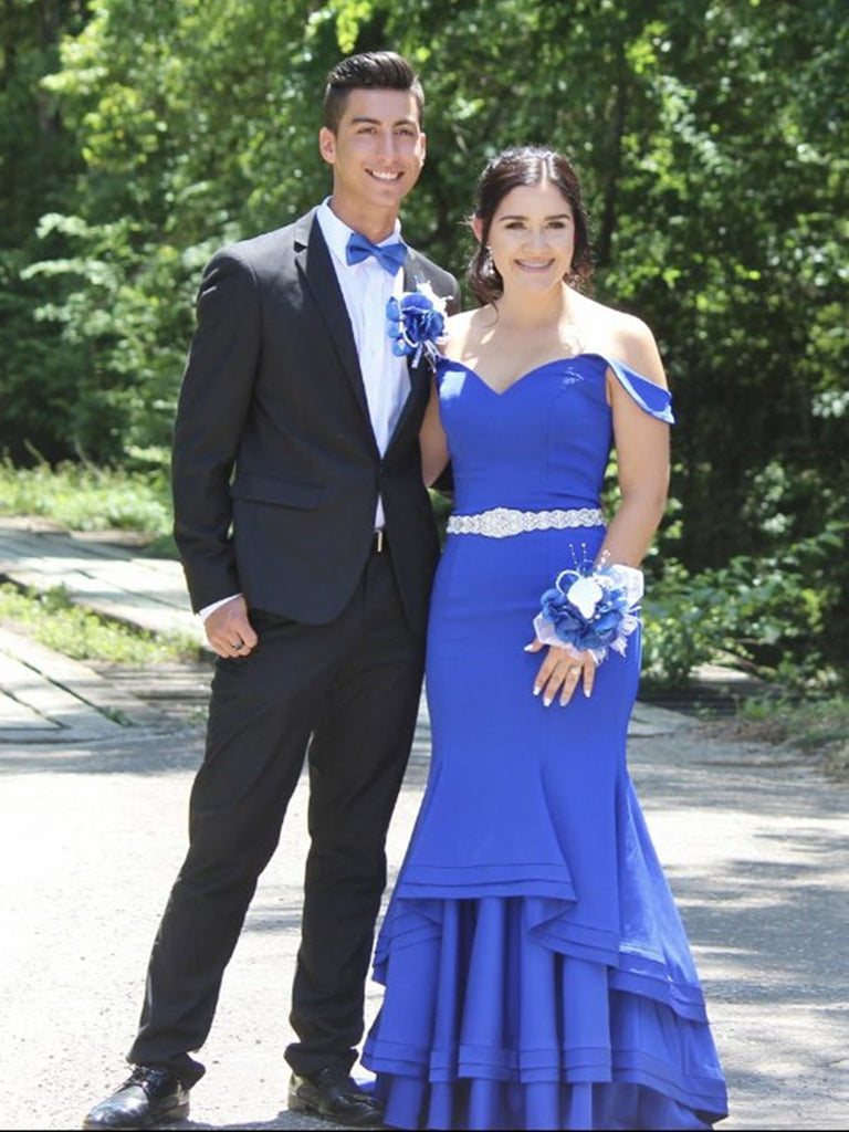 Blue Off Shoulder Mermaid Satin Ruched Long Prom Dresses, Blue Formal Shiny Party Blue Off Shoulder Mermaid Satin Ruched Long Prom Dresses, Blue Formal Shiny Party