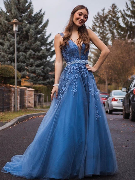 Blue V Neck Tulle Beaded Lace Appliques Long Prom Dresses with Belt, Blue Lace Formal Dresses, Blue Evening Dresses