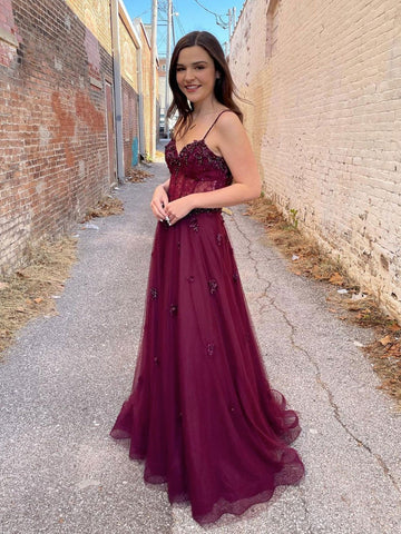 Burgundy Tulle A Line Lace Beaded Long Prom Dresses, Beaded Burgundy Formal Graduation Evening Dresses SP2194