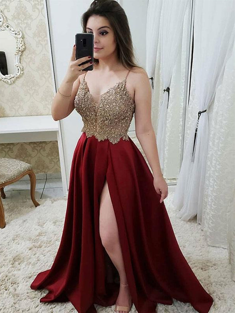 Burgundy A Line V Neck Satin Beaded Long Prom Dresses with Slit, Burgu Shiny Party Burgundy A Line V Neck Satin Beaded Long Prom Dresses with Slit, Burgu Shiny Party