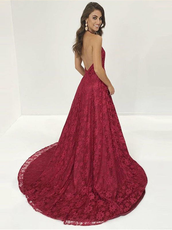 Burgundy Halter Neck Backless Lace Prom Dresses, Backless Burgundy Pro