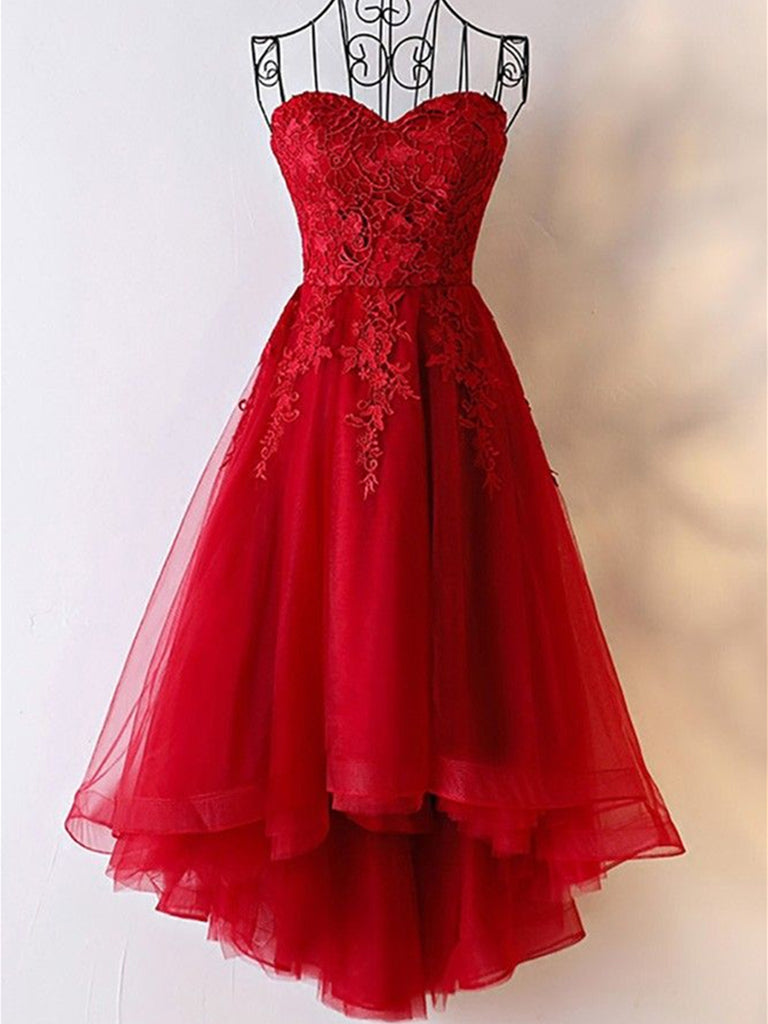 Red High Low Strapless Lace Tulle Prom Dresses, Red Lace Formal Evening Dresses, Red Graduation Dresses