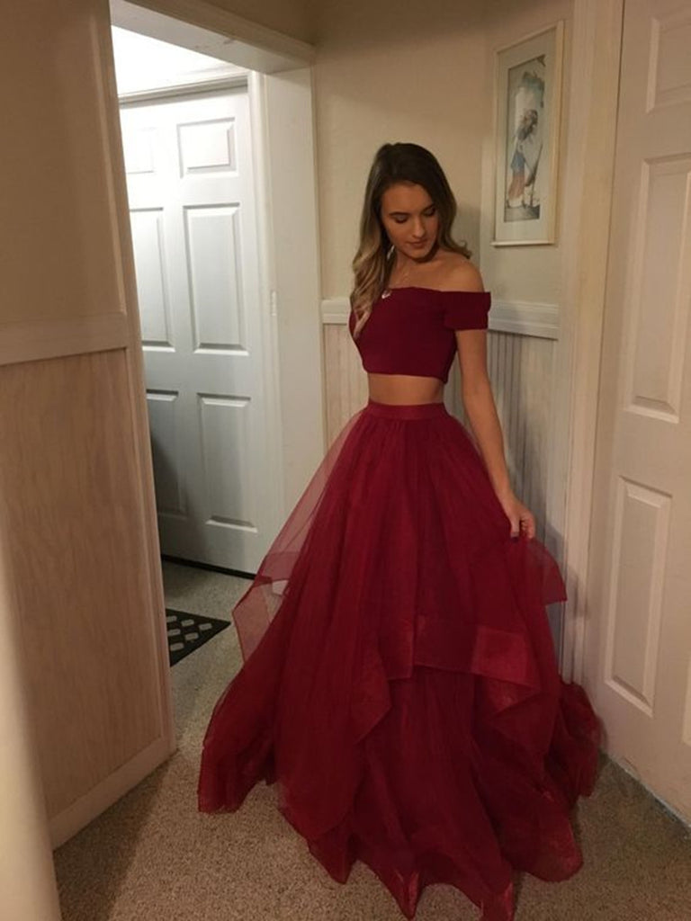 Burgundy Off Shoulder 2 Pieces Tulle Long Prom Dresses, Burgundy Off Shoulder Graduation Dresses, Formal Dresses, Evening Dresses Burgundy Off Shoulder 2 Pieces Tulle Long Prom Dresses, Burgundy Off Shoulder Graduation Dresses, Formal Dresses, Evening Dresses