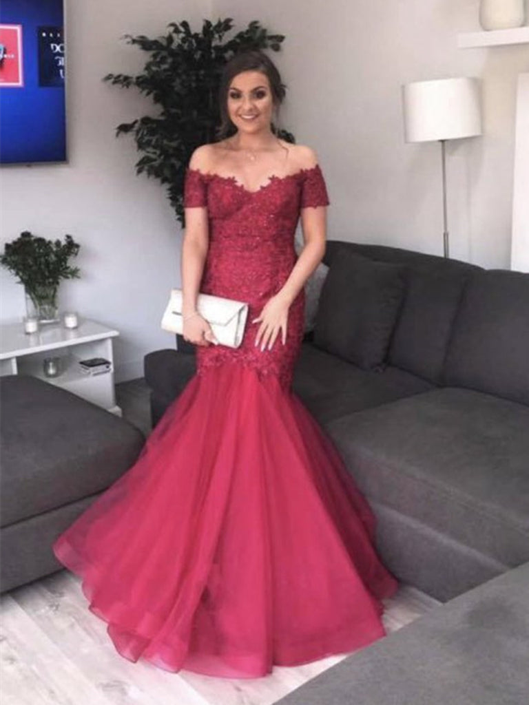 Burgundy Off Shoulder Mermaid Lace Tulle Long Prom Dresses, Burgundy Mermaid Formal Dresses, Ball Gown, Evening Dresses